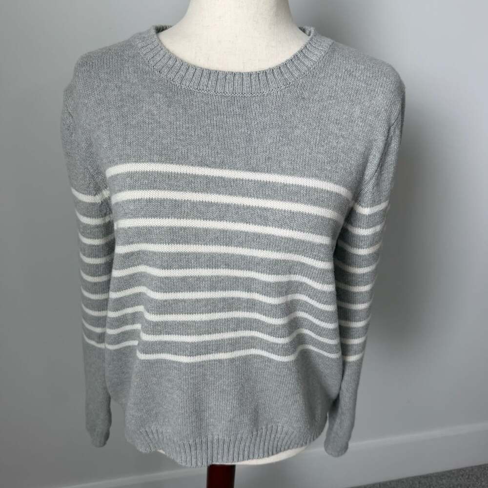 Gap Striped Crewneck Sweater Size L Gray White Cotton Pullover